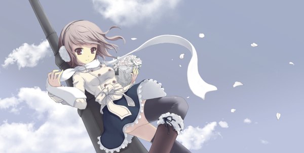 Anime picture 1572x794 with original juke short hair blonde hair wide image purple eyes sky cloud (clouds) light smile girl thighhighs black thighhighs petals scarf bouquet