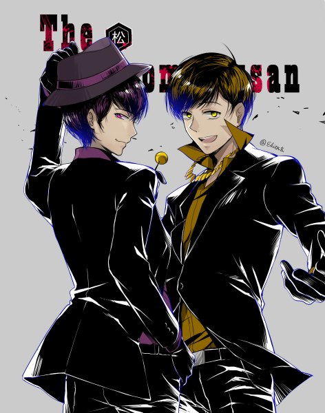 Anime picture 944x1200 with osomatsu-san matsuno todomatsu matsuno juushimatsu ekita xuan tall image looking at viewer fringe short hair open mouth black hair blonde hair simple background signed yellow eyes purple hair ahoge profile pink eyes multicolored hair grey background