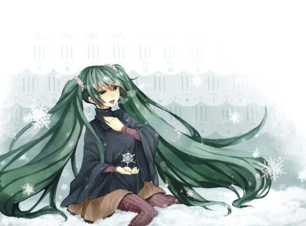 Anime picture 1208x892 with vocaloid hatsune miku tagme (artist) long hair open mouth twintails green eyes green hair winter snow girl pantyhose snowflake (snowflakes) winter clothes