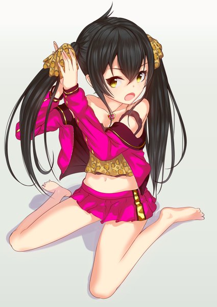 Anime picture 2508x3541 with idolmaster idolmaster cinderella girls matoba risa q (ed69) single long hair tall image blush highres open mouth black hair simple background sitting twintails bare shoulders yellow eyes barefoot bare legs midriff adjusting hair