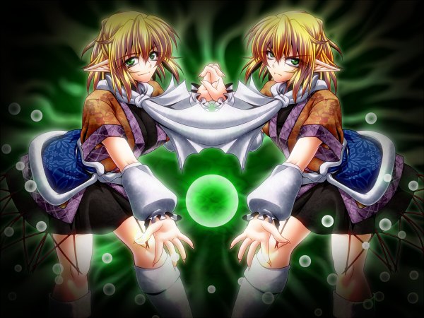 Anime picture 1200x900 with touhou mizuhashi parsee ootsuki wataru short hair blonde hair multiple girls green eyes light smile outstretched arm holding hands half updo girl 2 girls boots