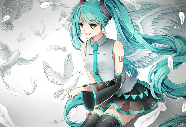 Anime picture 1173x800 with vocaloid hatsune miku ling (vivianling) single blush open mouth smile sitting twintails bare shoulders looking away very long hair aqua eyes aqua hair grey background angel wings girl detached sleeves animal wings