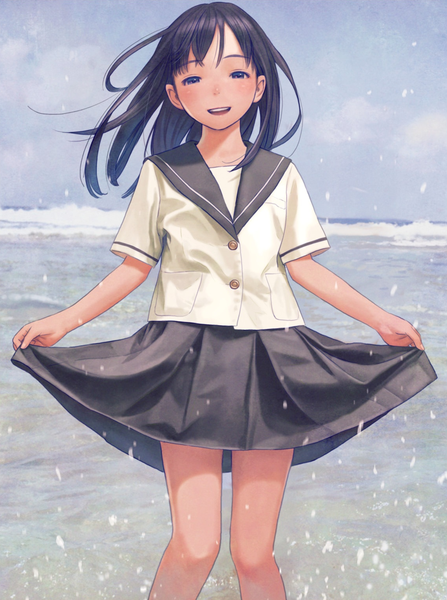 Anime picture 1141x1532 with original range murata single long hair tall image looking at viewer blush fringe open mouth black hair smile sky :d pleated skirt wind black eyes scan teeth skirt hold girl