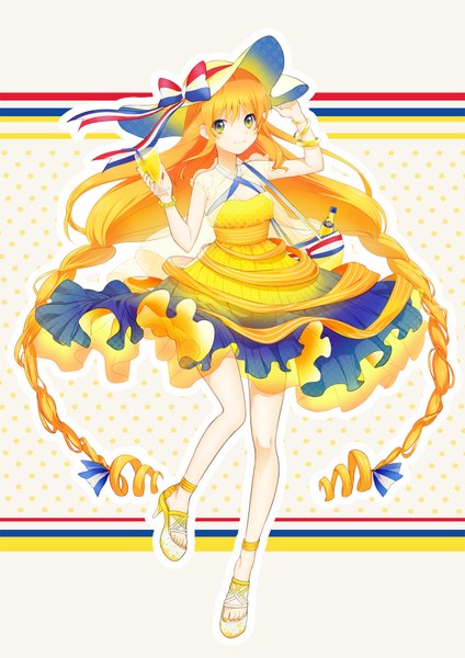 Anime picture 1240x1754 with original orangina saku (pixiv526117) single tall image looking at viewer blonde hair smile twintails bare shoulders yellow eyes full body very long hair barefoot drill hair flag print france girl dress bow