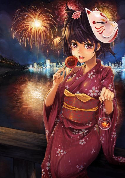 Anime picture 1748x2480 with original ks single tall image highres short hair open mouth black hair purple eyes japanese clothes night city mask on head fireworks girl water belt kimono mask fish (fishes)