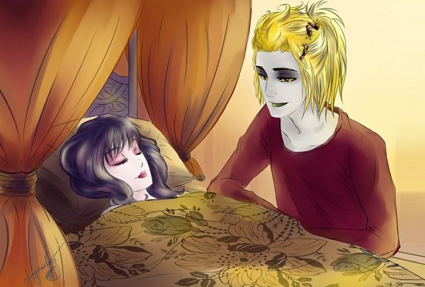 Anime picture 1000x675 with beetlejuice beetlejuice (character) lydia (beetlejuice) pihguinolog (artist) long hair fringe short hair blonde hair smile sitting purple hair lying eyes closed light smile lips couple lipstick happy pale skin sleeping