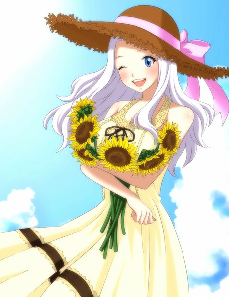 Anime picture 1536x1990 with fairy tail mirajane strauss sophie4391 single long hair tall image open mouth blue eyes smile sky cloud (clouds) white hair one eye closed wink sunlight coloring girl dress flower (flowers) hat