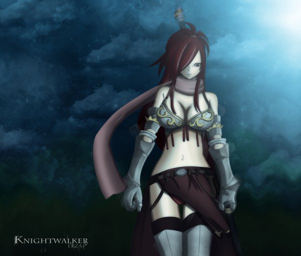 Anime picture 1962x1672 with fairy tail erza knightwalker gray fullbuster (artist) single long hair fringe highres red eyes cloud (clouds) red hair hair over one eye inscription midriff coloring light girl navel scarf armor