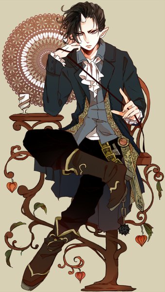 Anime picture 488x860 with hoozuki no reitetsu wit studio hoozuki (hoozuki no reitetsu) shijima tohiro single tall image short hair black hair simple background sitting looking away full body horn (horns) pointy ears black eyes arm support alternate costume crossed legs alternate hairstyle boy