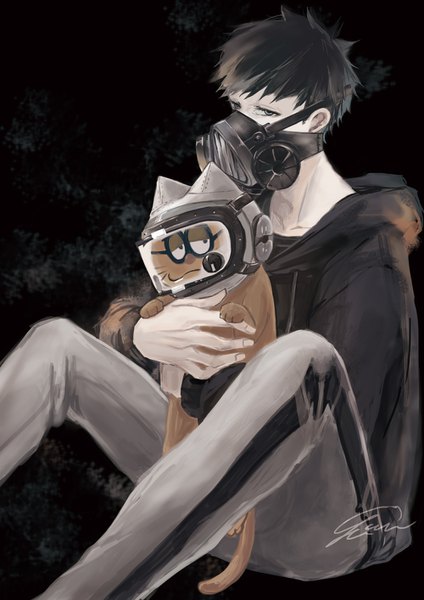 Anime picture 1000x1414 with osomatsu-san matsuno ichimatsu esper nyanko ihciuy0211 single tall image looking at viewer short hair black hair sitting signed black background boy animal hood cat hoodie respirator