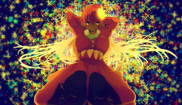 Anime picture 2131x1228 with original flare (tarbo) tarbo (exxxpiation) single long hair looking at viewer highres breasts blonde hair smile wide image yellow eyes red hair multicolored hair two-tone hair arms behind head shiny girl dress hair ornament