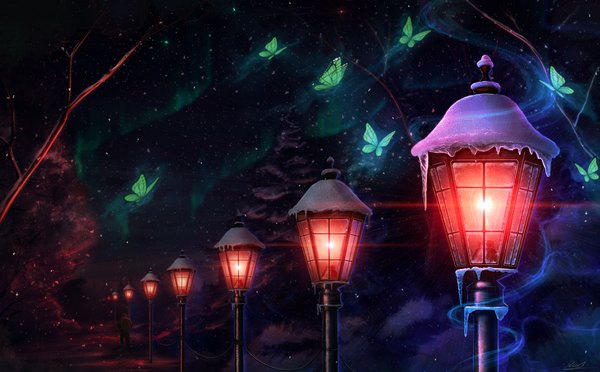 Anime picture 3000x1860 with original yakovlev-vad single highres wide image from behind night glowing snowing winter snow walking bare tree aurora borealis plant (plants) tree (trees) insect butterfly lantern lamppost