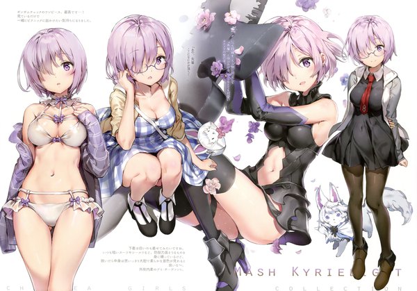 Anime picture 5543x3877 with fate (series) fate/grand order mash kyrielight fou (fate) anmi looking at viewer fringe highres breasts open mouth light erotic smile standing sitting purple eyes bare shoulders absurdres cleavage purple hair full body