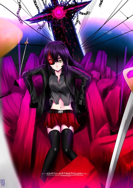 Anime picture 1503x2121 with original swordwaltz single long hair tall image yellow eyes purple hair inscription open clothes open jacket girl thighhighs skirt gloves navel weapon black thighhighs miniskirt sword jacket