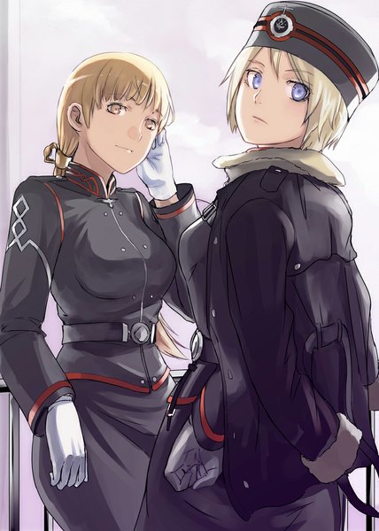 Anime picture 784x1100 with last exile last exile: gin'yoku no fam gonzo tatiana wisla alister agrew tea (nakenashi) long hair tall image looking at viewer short hair blue eyes blonde hair multiple girls yellow eyes ponytail open clothes open jacket adjusting hair girl skirt