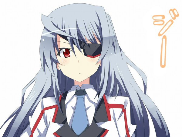 Anime picture 1920x1440 with infinite stratos 8bit laura bodewig single long hair looking at viewer blush highres simple background red eyes white background silver hair girl uniform school uniform necktie eyepatch