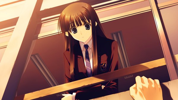Anime picture 1280x720 with white album 2 long hair brown hair wide image game cg black eyes evening sunset girl uniform school uniform