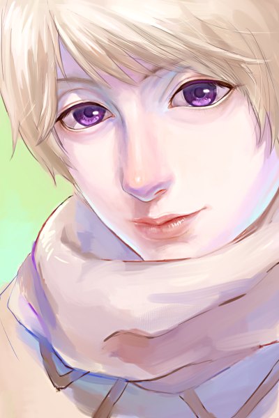 Anime picture 800x1198 with axis powers hetalia studio deen russia (hetalia) unk single tall image looking at viewer short hair simple background blonde hair purple eyes lips portrait close-up face green background boy scarf coat