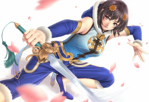 Anime picture 1120x770 with soulcalibur chai xianghua mochi.f single short hair black hair simple background white background brown eyes girl weapon detached sleeves petals sword