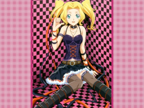 Anime picture 1600x1200 with blonde hair smile sitting twintails green eyes short twintails pink background checkered checkered background girl skirt ribbon (ribbons) collar