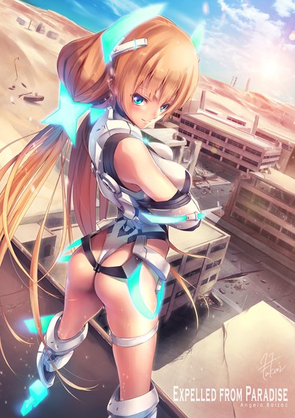 Anime picture 615x870 with expelled from paradise angela balzac fukai ryosuke single tall image blush blue eyes light erotic blonde hair twintails sky cloud (clouds) ass very long hair looking back sunlight inscription character names low twintails mecha musume