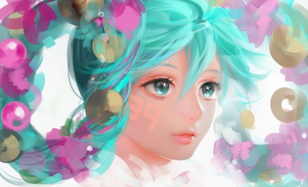 Anime picture 1600x975 with vocaloid hatsune miku airspace (artist) single long hair wide image twintails looking away hair flower aqua eyes lips aqua hair close-up face girl hair ornament flower (flowers)