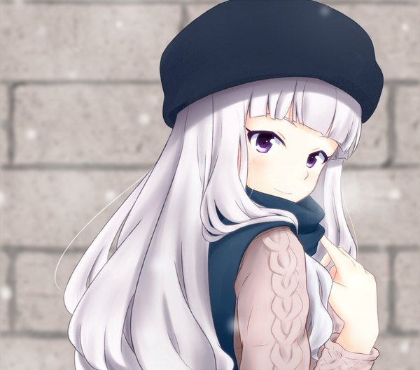 Anime picture 1360x1200 with idolmaster shijou takane gofukiimo (psempsemn) single long hair looking at viewer purple eyes white hair light smile girl scarf cap winter clothes