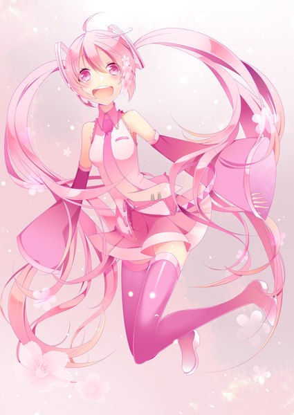 Anime picture 2507x3541 with vocaloid hatsune miku sakura miku temari (deae) single tall image blush highres open mouth twintails pink hair very long hair pink eyes girl skirt detached sleeves miniskirt necktie thigh boots pink skirt