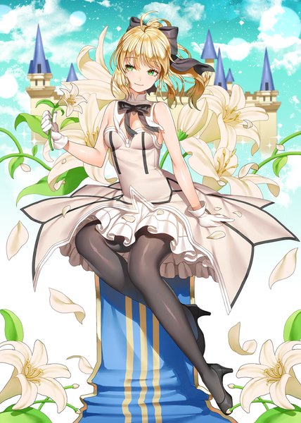 Anime picture 800x1122 with fate (series) fate/unlimited codes artoria pendragon (all) saber lily ruhee single long hair tall image blonde hair sitting green eyes looking away girl dress gloves flower (flowers) bow hair bow petals pantyhose