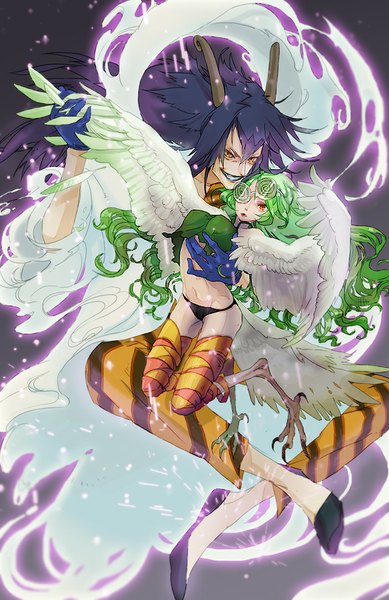 Anime picture 615x948 with one piece toei animation monet (one piece) caesar clown nokuran long hair tall image looking at viewer breasts open mouth light erotic black hair smile red eyes yellow eyes bent knee (knees) horn (horns) green hair wavy hair breast grab