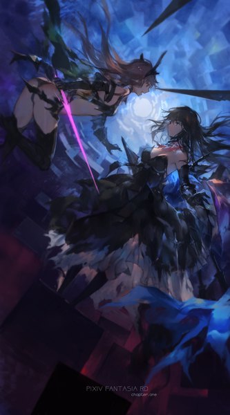 Anime picture 1181x2126 with original pixiv fantasia pixiv fantasia revenge of the darkness paradise (character) swd3e2 long hair tall image breasts open mouth light erotic black hair bare shoulders multiple girls holding cleavage bent knee (knees) ass from above black eyes face to face
