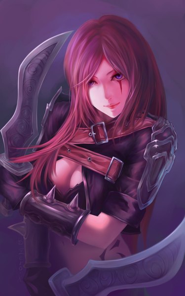 Anime picture 2400x3840 with league of legends katarina (league of legends) bzerox single long hair tall image looking at viewer highres light erotic purple eyes red hair tattoo scar girl gloves navel weapon dagger