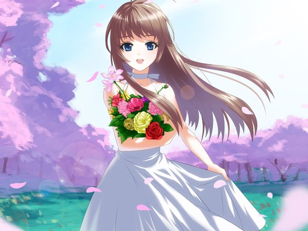 Anime picture 1600x1200 with original yunori long hair open mouth blue eyes brown hair wind cherry blossoms girl dress flower (flowers) plant (plants) petals tree (trees) grass sundress bouquet