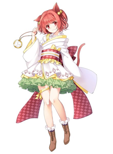 Anime picture 800x1086 with touhou motoori kosuzu philomelalilium single tall image looking at viewer blush short hair simple background red eyes standing white background holding animal ears full body red hair tail long sleeves head tilt animal tail