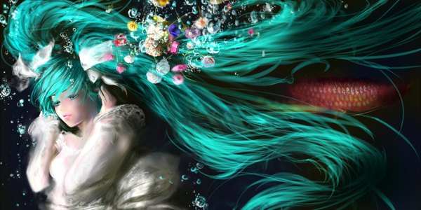 Anime picture 2000x1000 with vocaloid hatsune miku mamoru (mamoru jinja) single long hair highres wide image twintails very long hair nail polish aqua eyes lips aqua hair underwater girl dress flower (flowers) ribbon (ribbons) hair ribbon white dress