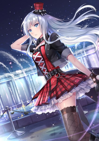Anime picture 1000x1414 with idol memories la yucho moyu single long hair tall image fringe blue eyes looking away silver hair outdoors wind sparkle short sleeves zettai ryouiki arm behind head girl thighhighs hat choker