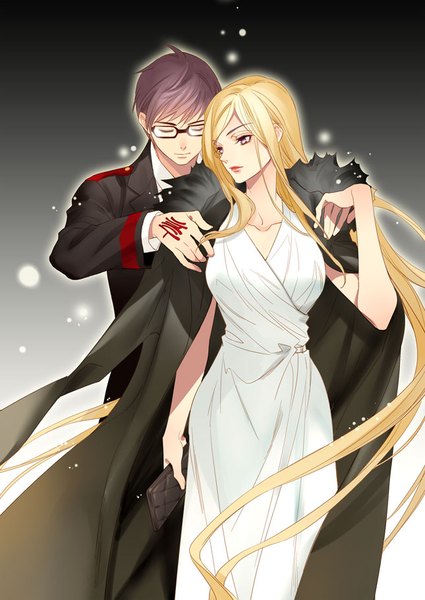 Anime picture 645x911 with noragami studio bones bishamonten (noragami) kazuma (noragami) lm 0063 tall image short hair simple background blonde hair brown hair purple eyes eyes closed very long hair looking back lipstick gradient background red lipstick clothes on shoulders girl dress