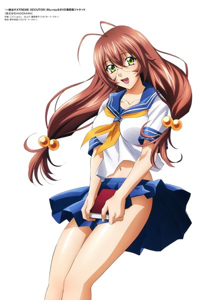 Anime picture 4658x6653 with ikkitousen ryuubi gentoku single long hair tall image looking at viewer highres open mouth simple background brown hair white background green eyes absurdres scan official art girl skirt uniform miniskirt glasses