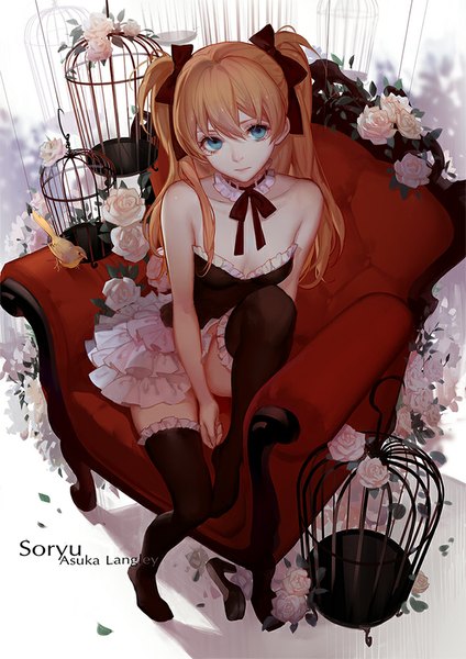 Anime picture 707x1000 with neon genesis evangelion gainax soryu asuka langley ask (askzy) single long hair tall image looking at viewer fringe blue eyes sitting bare shoulders cleavage full body orange hair no shoes character names revision girl thighhighs