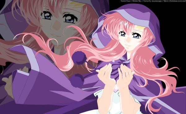 Anime picture 2550x1560 with mobile suit gundam gundam seed sunrise (studio) lacus clyne long hair highres blue eyes wide image pink hair black background zoom layer girl hood