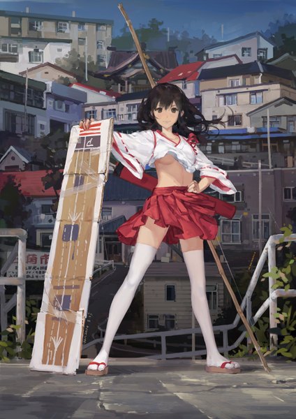 Anime picture 909x1286 with kantai collection akagi aircraft carrier hjl single long hair tall image looking at viewer breasts light erotic black hair traditional clothes wind black eyes underboob city miko girl thighhighs skirt weapon