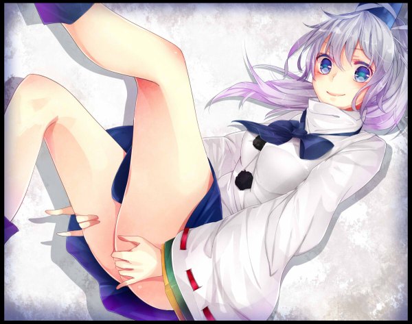 Anime picture 1200x947 with touhou mononobe no futo rukito single long hair looking at viewer blush blue eyes light erotic smile silver hair ponytail japanese clothes wide sleeves legs girl hair ornament