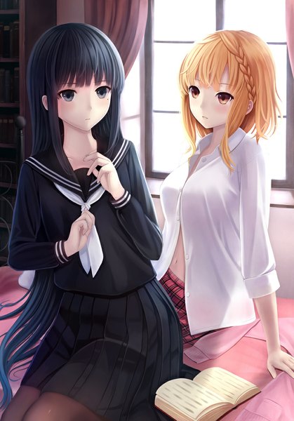 Anime picture 819x1172 with hinabita shimotsuki rin izumi ibuki megimegyo long hair tall image blush short hair black hair blonde hair multiple girls brown eyes black eyes shoujo ai girl skirt 2 girls shirt serafuku book (books)