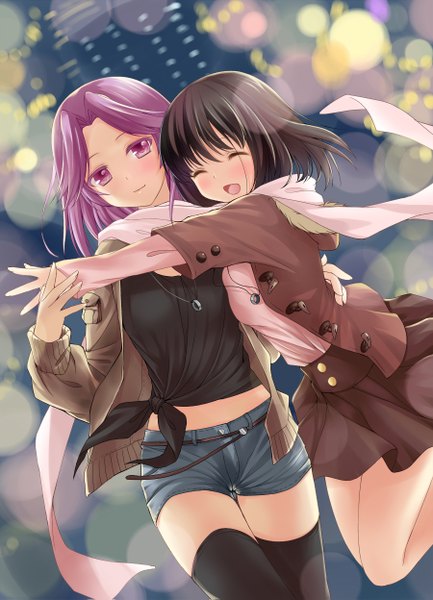 Anime picture 900x1247 with saki weisuoxin tall image blush short hair open mouth black hair purple eyes multiple girls purple hair eyes closed open clothes open jacket shared scarf girl thighhighs black thighhighs 2 girls jacket shorts