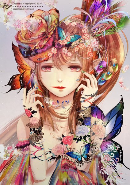 Anime picture 724x1024 with original creamsea single long hair tall image looking at viewer red eyes brown hair hair flower lipstick red lipstick lipstick mark girl dress hair ornament flower (flowers) insect butterfly feather (feathers) butterfly hair ornament