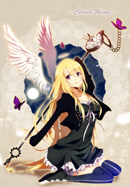 Anime picture 1000x1438 with original galsuwaidi single tall image blonde hair smile purple eyes very long hair inscription kneeling angel wings girl thighhighs dress black dress insect butterfly halo clock staff