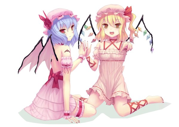 Anime picture 4960x3507 with touhou flandre scarlet remilia scarlet sonikey0 0 blush highres short hair open mouth blonde hair red eyes white background multiple girls blue hair absurdres barefoot teeth fang (fangs) one side up pointing girl