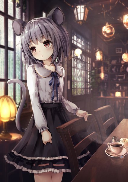 Anime picture 1447x2047 with touhou nazrin missle228 single tall image blush fringe short hair red eyes standing animal ears looking away indoors tail long sleeves head tilt grey hair blurry :o depth of field