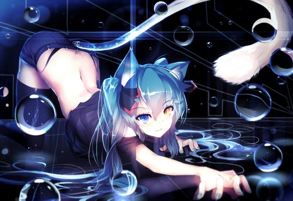 Anime picture 1800x1234 with vocaloid hatsune miku qys3 single highres light erotic twintails animal ears tail very long hair animal tail cat ears aqua hair cat girl cat tail heterochromia dark background revision girl thighhighs