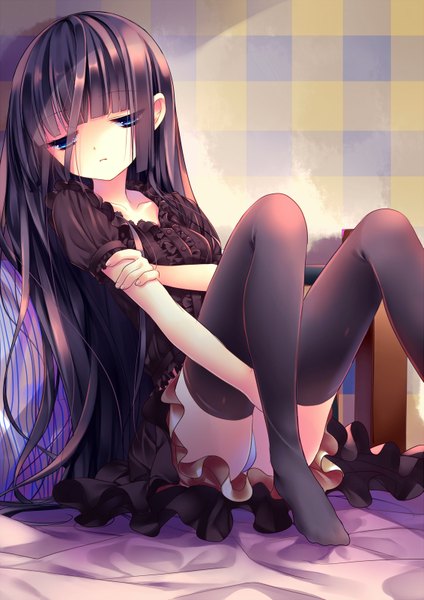 Anime picture 1131x1600 with original nametakenoko single long hair tall image looking at viewer blue eyes light erotic purple hair pantyshot girl thighhighs dress underwear panties black thighhighs frills black dress